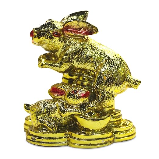 Golden Rabbit Figurine with Baby Rabbit on Coins